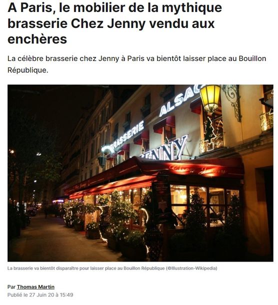 ACTU PARIS | LE MOBILIER DE LA MYTHIQUE BRASSERIE CHEZ JENNY VENDU AUX ENCHERES | 27 JUIN 2020