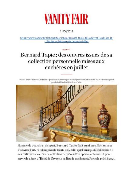 VANITY FAIR | BERNARD TAPIE : DES OEUVRES ISSUES DE SA COLLECTION PERSONNELLE MISES AUX ENCHERES EN JUILLET | 21 JUIN 2022