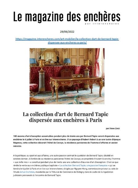 INTERENCHERES | LA COLLECTION D'ART DE BERNARD TAPIE DISPERSEE AUX ENCHERES A PARIS | 29 JUIN 2022