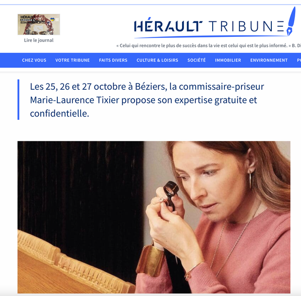 Retrouvez l'article dans Herault Tribune sur les journées d'expertises à Béziers les 25, 26 et 27 octobre par notre commissaire-priseur Marie-Laurence Tixier 
