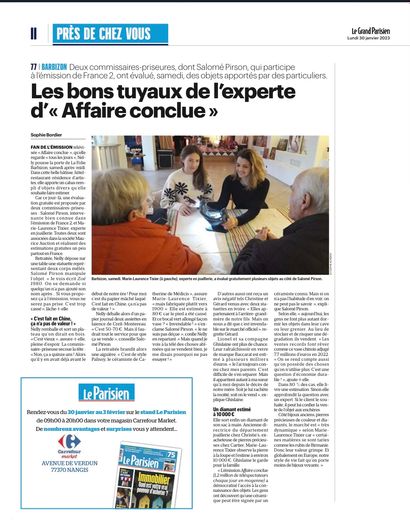 Retrouvez l'article dans le journal Le Parisien de ce lundi 30 janvier,  sur la journée d'expertise à La Folie Barbizon du samedi 28  janvier par nos commissaires-priseurs