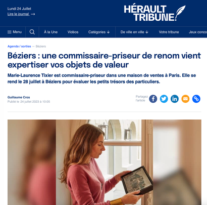 Retrouvez l'article dans Herault Tribune sur la journée d'expertise à Béziers le 28 juillet par notre commissaire-priseur Marie-Laurence Tixier 