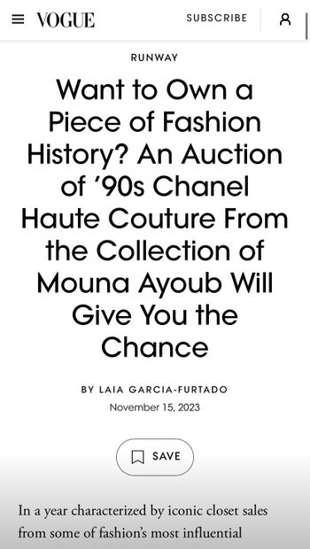 RETROUVEZ L'ARTICLE SUR NOTRE VENTE THE GOLDEN YEARS OF KARL LAGERFELD FOR CHANEL FROM THE MOUNA AYOUB HAUTE COUTURE COLLECTION DANS VOGUE