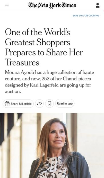 RETROUVEZ L'ARTICLE SUR NOTRE VENTE THE GOLDEN YEARS OF KARL LAGERFELD FOR CHANEL FROM THE MOUNA AYOUB HAUTE COUTURE COLLECTION DANS LE NEW YORK TIMES 