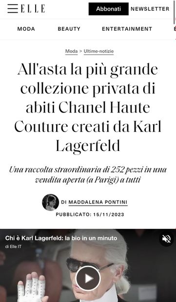 RETROUVEZ L'ARTICLE SUR NOTRE VENTE THE GOLDEN YEARS OF KARL LAGERFELD FOR CHANEL FROM THE MOUNA AYOUB HAUTE COUTURE COLLECTION DANS ELLE ITALIA