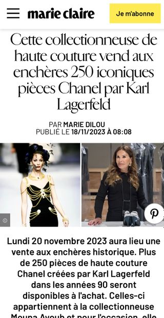 RETROUVEZ L'ARTICLE SUR NOTRE VENTE THE GOLDEN YEARS OF KARL LAGERFELD FOR CHANEL FROM THE MOUNA AYOUB HAUTE COUTURE COLLECTION DANS MARIE CLAIRE