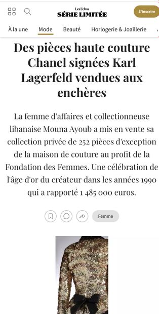  RETROUVEZ L'ARTICLE SUR NOTRE VENTE THE GOLDEN YEARS OF KARL LAGERFELD FOR CHANEL FROM THE MOUNA AYOUB HAUTE COUTURE COLLECTION DANS LES ECHOS SL