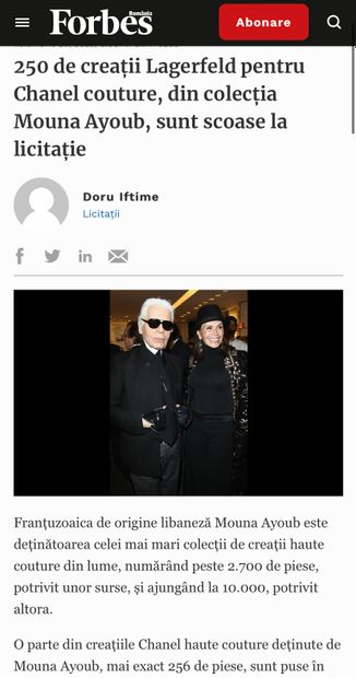 RETROUVEZ L'ARTICLE SUR NOTRE VENTE THE GOLDEN YEARS OF KARL LAGERFELD FOR CHANEL FROM THE MOUNA AYOUB HAUTE COUTURE COLLECTION DANS FORBES RO 