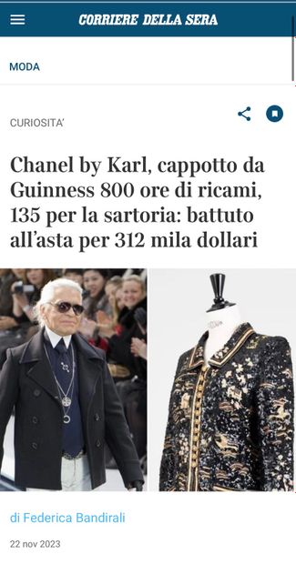 RETROUVEZ L'ARTICLE SUR LES RÉSULTATS NOTRE VENTE THE GOLDEN YEARS OF KARL LAGERFELD FOR CHANEL FROM THE MOUNA AYOUB HAUTE COUTURE COLLECTION DANS CORRIERE DELLA SERA