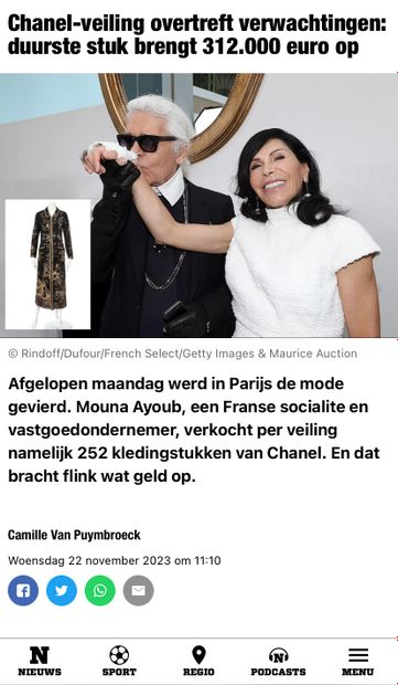 RETROUVEZ L'ARTICLE SUR NOTRE VENTE THE GOLDEN YEARS OF KARL LAGERFELD FOR CHANEL FROM THE MOUNA AYOUB HAUTE COUTURE COLLECTION DANS NIEUWSBLAD