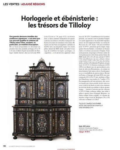 «Horlogerie et ébénisterie: les trésors de Tilloloy», Article de la Gazette Douot n°38 p150 et 151