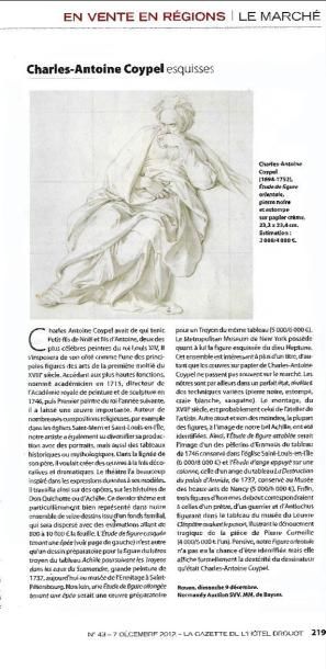 PARU DANS LA GAZETTE DE L'HÖTEL DROUOT DU 07 Décembre 2012- N°43