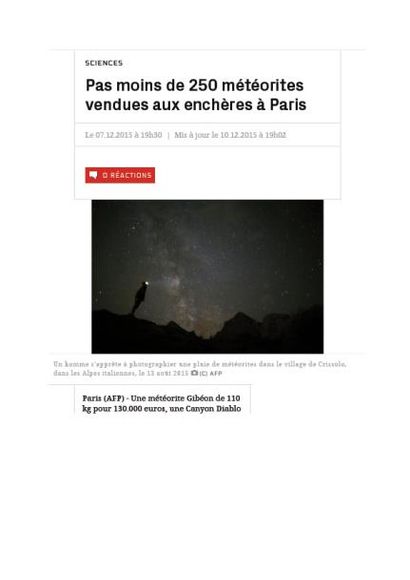 Pas moins de 250 météorites vendues aux enchères à Paris / AFP