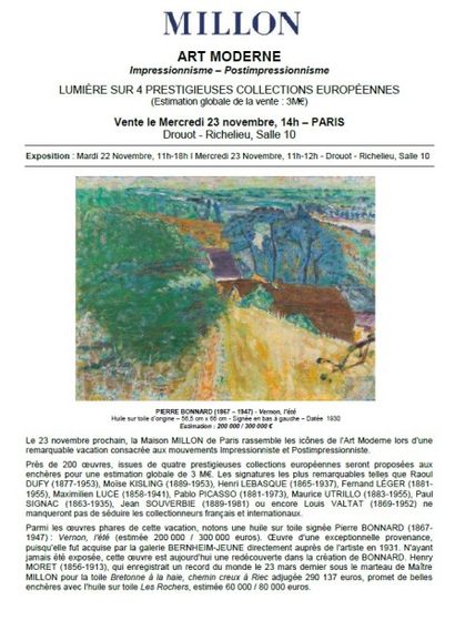 ANNONCE<br>ART MODERNE & ECOLE DE PARIS<br>Mercredi 23 novembre
