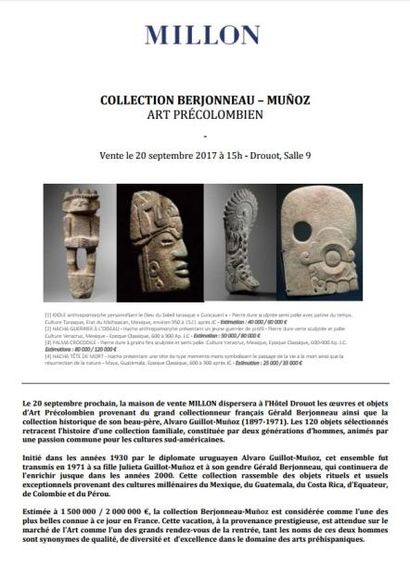 ANNONCE<br>COLLECTION BERJONNEAU – MUÑOZ <br>ART PRÉCOLOMBIEN