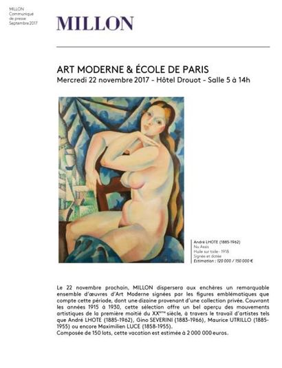ANNONCE<br>ART MODERNE & ÉCOLE DE PARIS<br>Mercredi 22 novembre 2017 