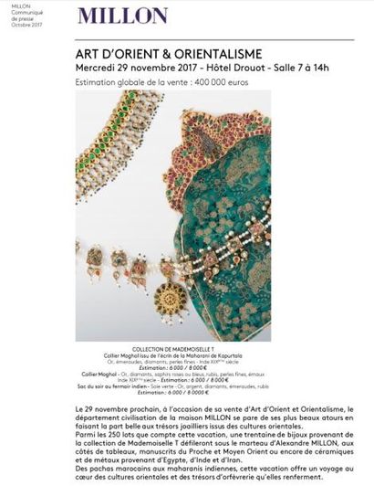 ANNONCE<br>ART D’ORIENT & ORIENTALISME<br>Mercredi 29 novembre 2017 