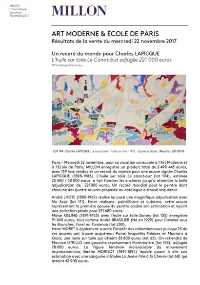 RÉSULTAT<br>ART MODERNE & ÉCOLE DE PARIS<br>mercredi 22 novembre 2017