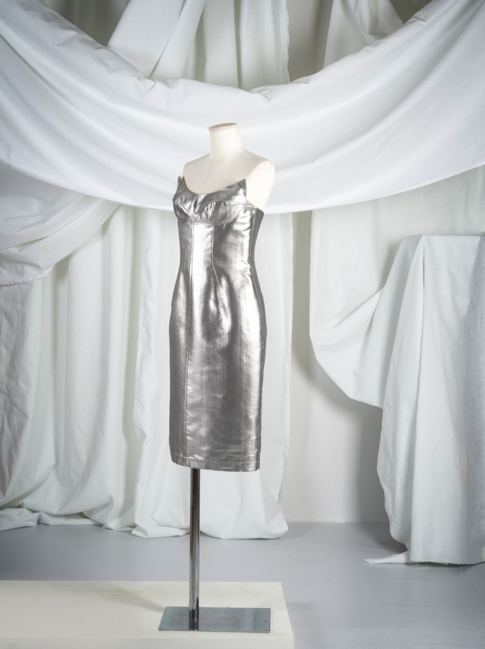 thierry mugler silver dress Thierry Mugler Couture Vintage Metallic Silver Pointed Bust Mini Dress   Amarcord Vintage Fashion