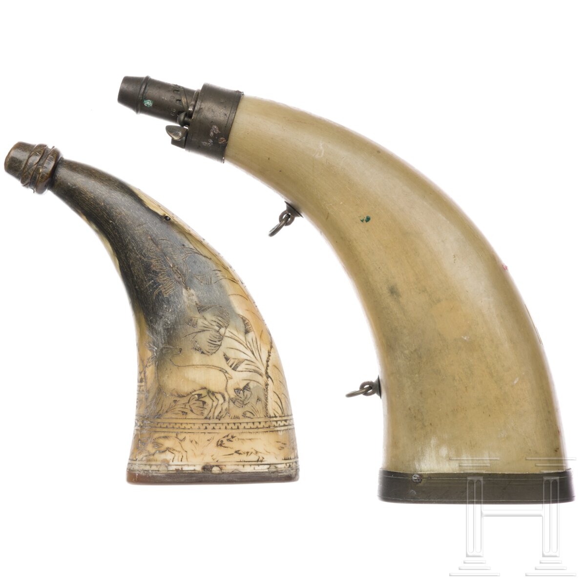 Two German powder flasks, 18th century Powder flasks,... | Arms: bids