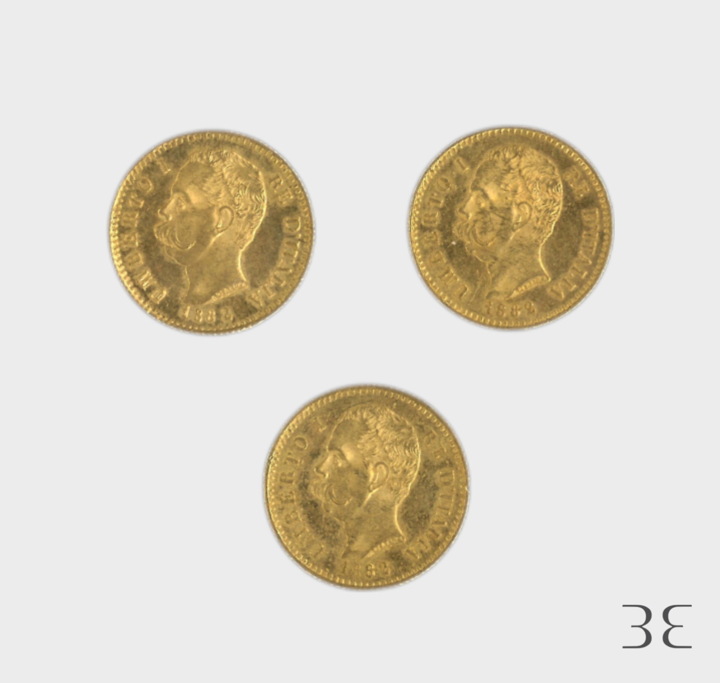 三枚乌姆贝托一世金币1882年重量：19.3克（按描述出售，存放在保险柜中