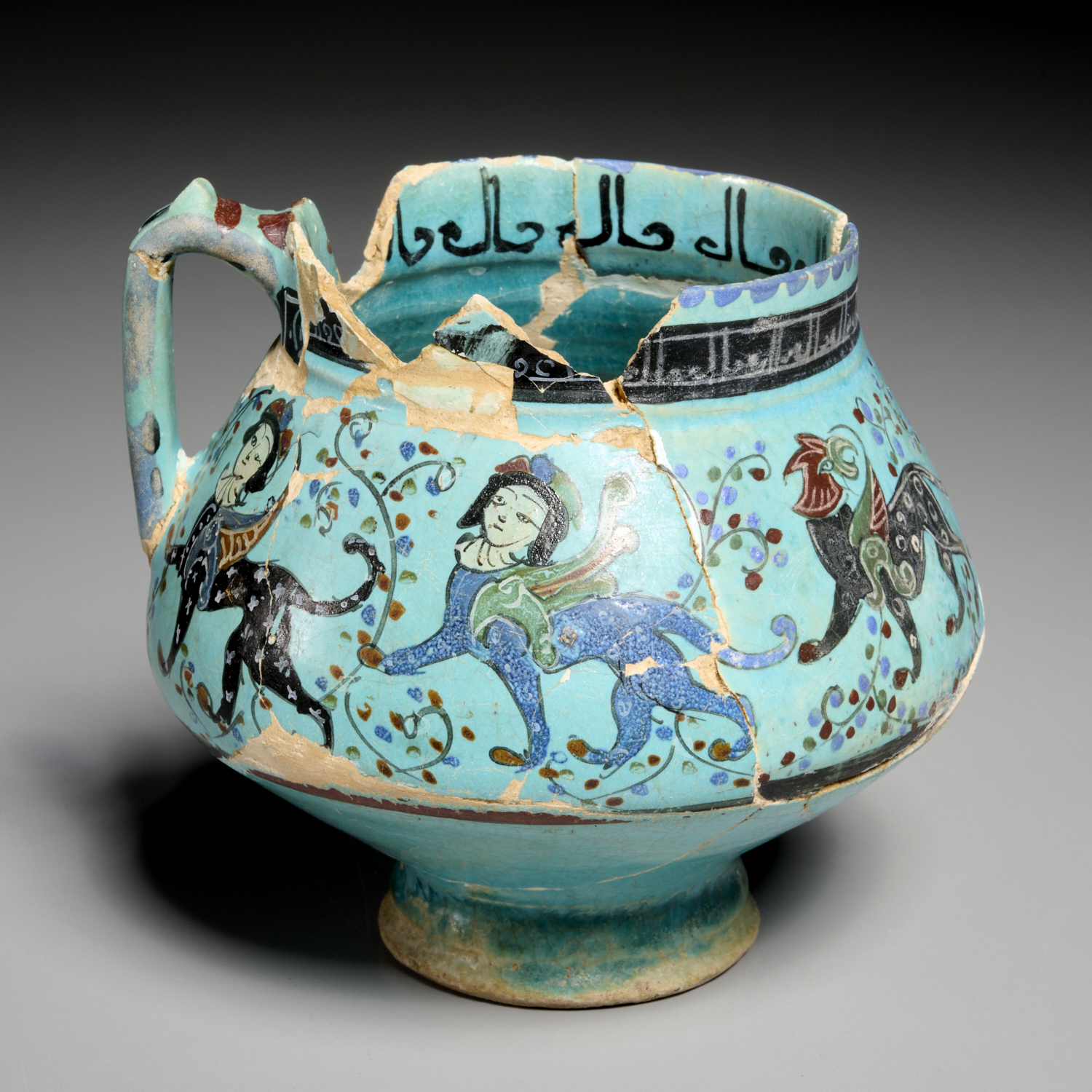 Mina'i绿松石釉陶壶，前博物馆出品，13世纪，伊朗中部，单柄器皿，饰有