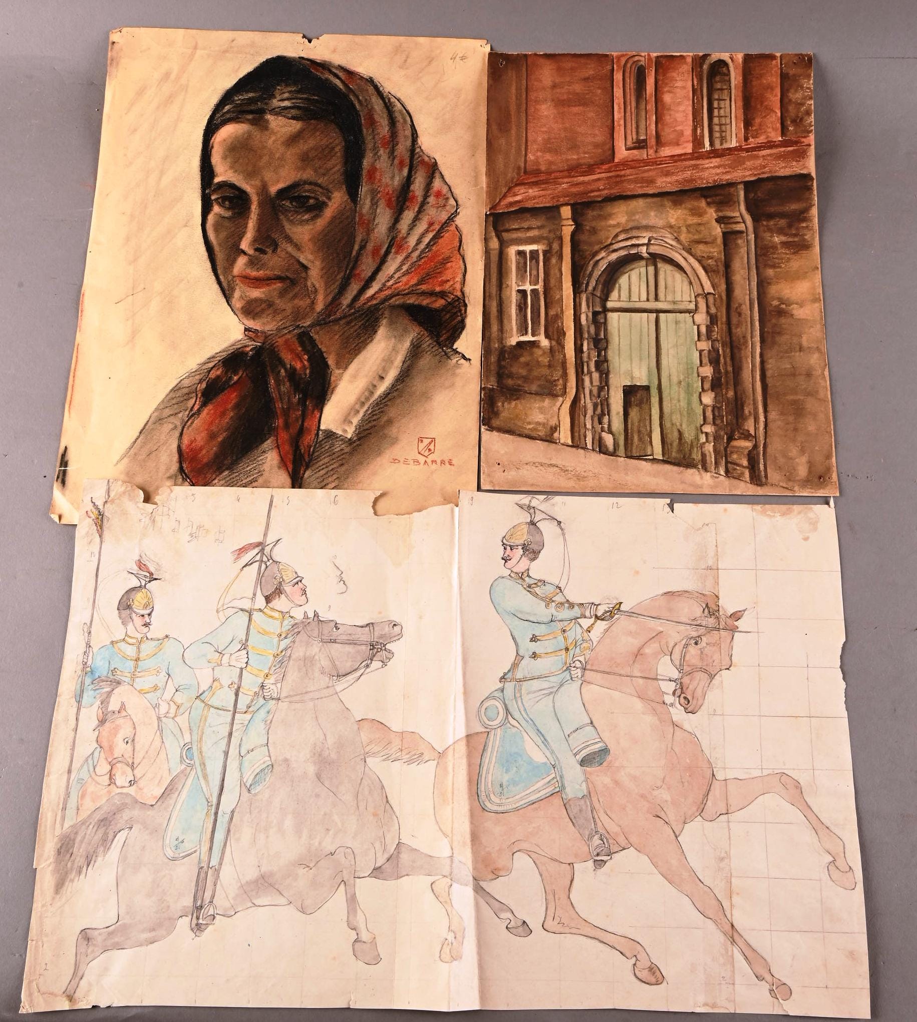 Lot of 3 works on paper. Portrait signed Debarr... | Watercolours: bids
