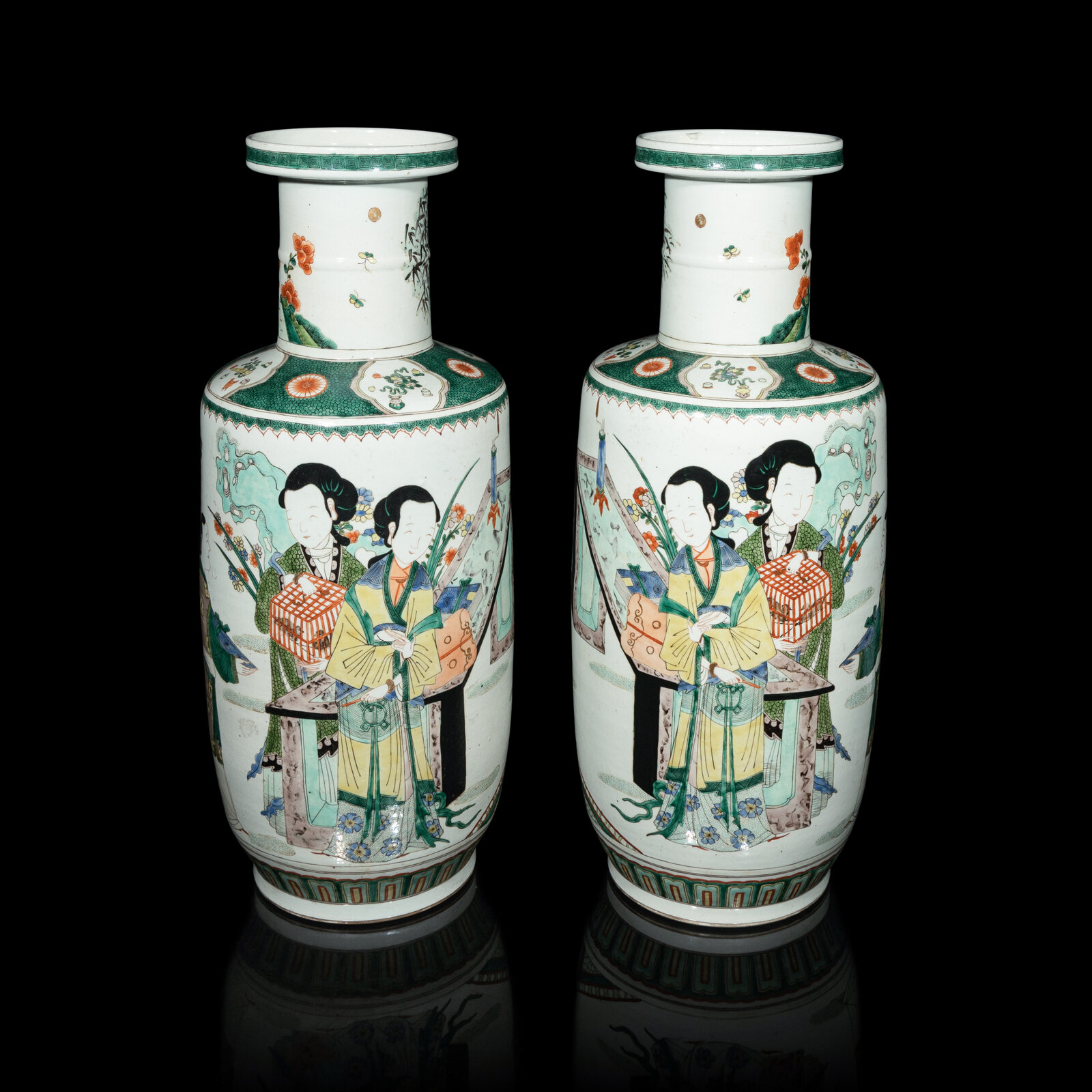 五彩花瓶 近代五彩美人图棒槌瓶一对，20世纪近代五彩美人图棒槌瓶一对二十世纪每