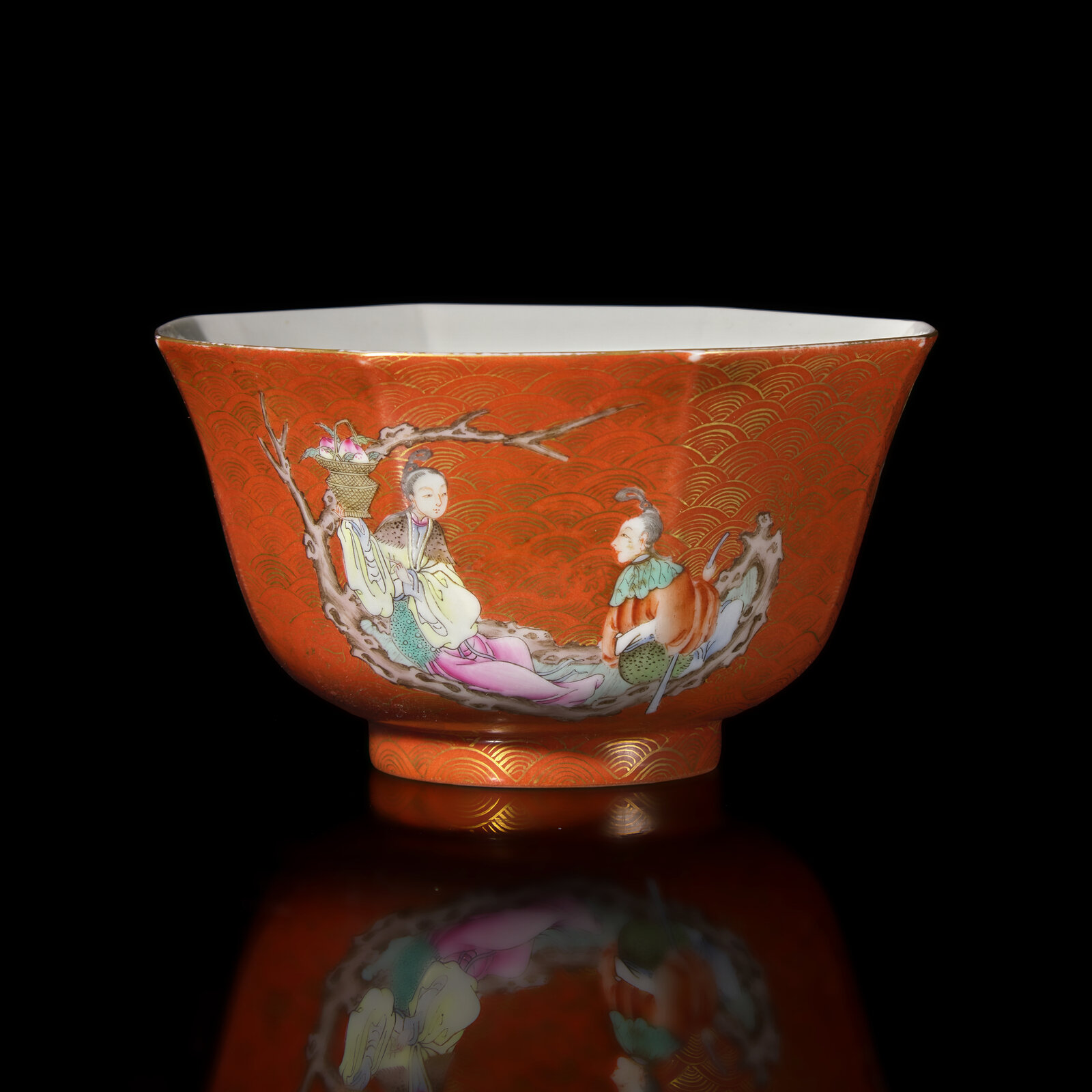 中国美術 煎茶 珊瑚釉 寿字 八方碗 六件(K-XA883) 中国珊瑚地描金八方碗，20世纪近代珊瑚红地描金粉彩仙人乘槎图八方碗碗