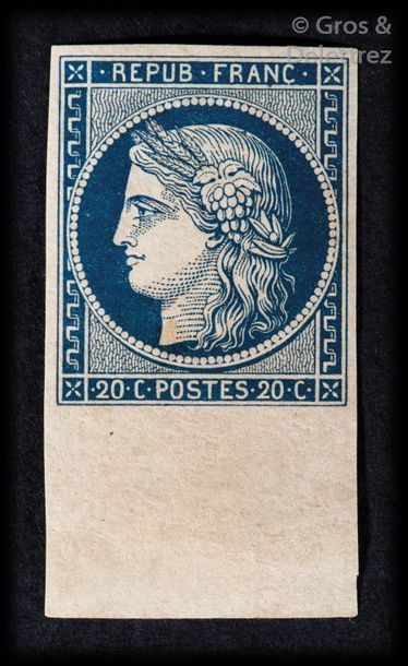 Null FRANCE Émission 1849 : N°8-20c BLEU SUR JAUNÂTRE NON ÉMIS, bord de feuille.&hellip;