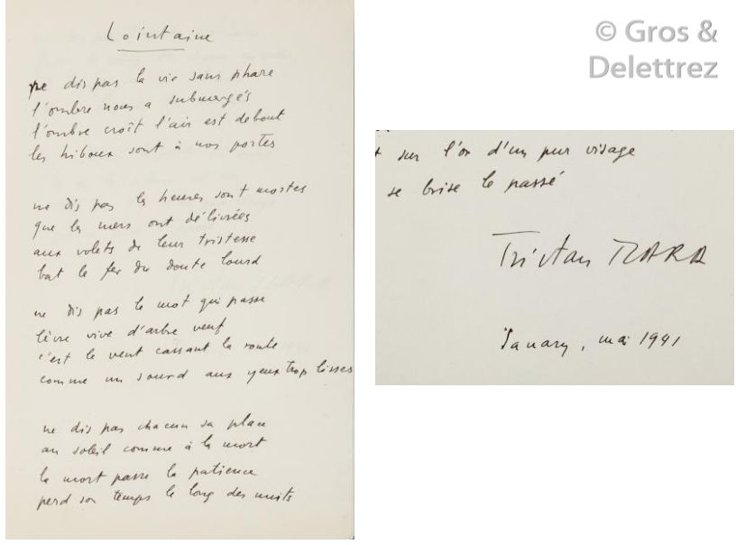 Null Tristan TZARA (1896-1963) Ecrivain dadaïste. « Lointaine ». Poème autograph&hellip;