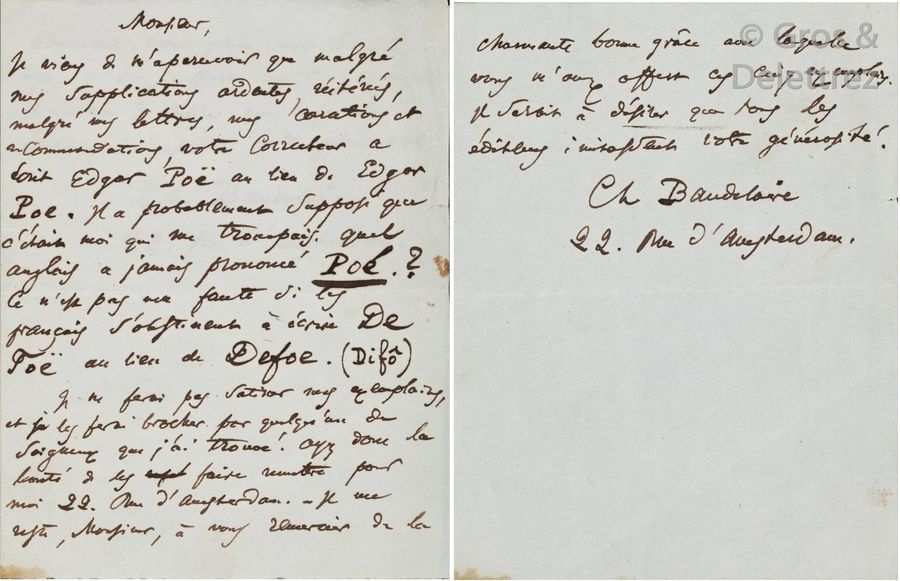 Null Charles BAUDELAIRE (1821-1867). Lettre autographe signée adressée par Baude&hellip;