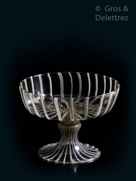 Null Hemispherical-cut tazza on a pedestal with white thread decoration and reto&hellip;