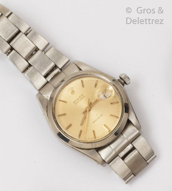ROLEX "Oysterdate" - Steel watchband, round case, gold dial with applied baton m&hellip;