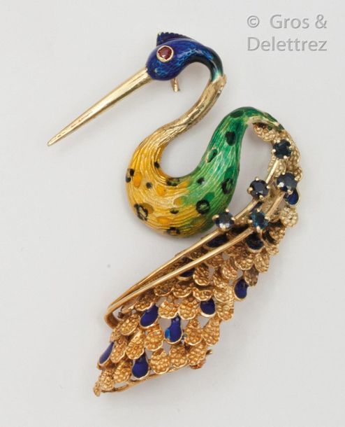 Null Bird of Paradise" brooch in 14K yellow gold partially enamelled green-yello&hellip;