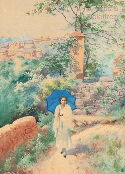 Null 埃米尔-拉兰博(塔那那利佛，1879年-塔那那利佛，1963年)

马达加斯加，打着遮阳伞的年轻女孩的风景

纸上水彩

36 x 26.5厘米

左&hellip;