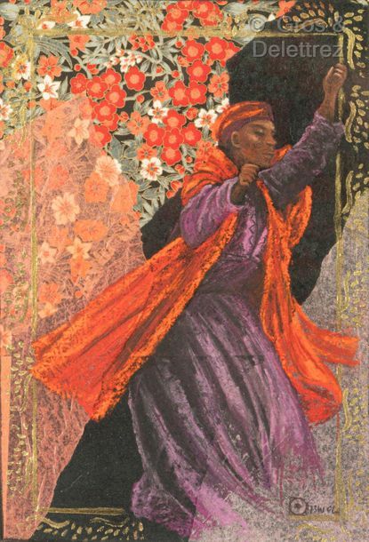 Null MODERN学校

穿着红色和紫色衣服的非洲舞者在鲜花的背景前。

纸上彩色和金色铅笔

右下角有"FISWOL"的签名。