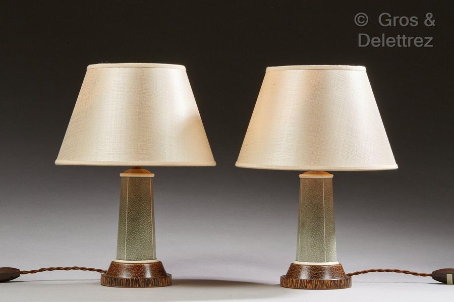 Clément ROUSSEAU (1872-1950) Pair of palm wood lamps in green shagreen sheathed &hellip;