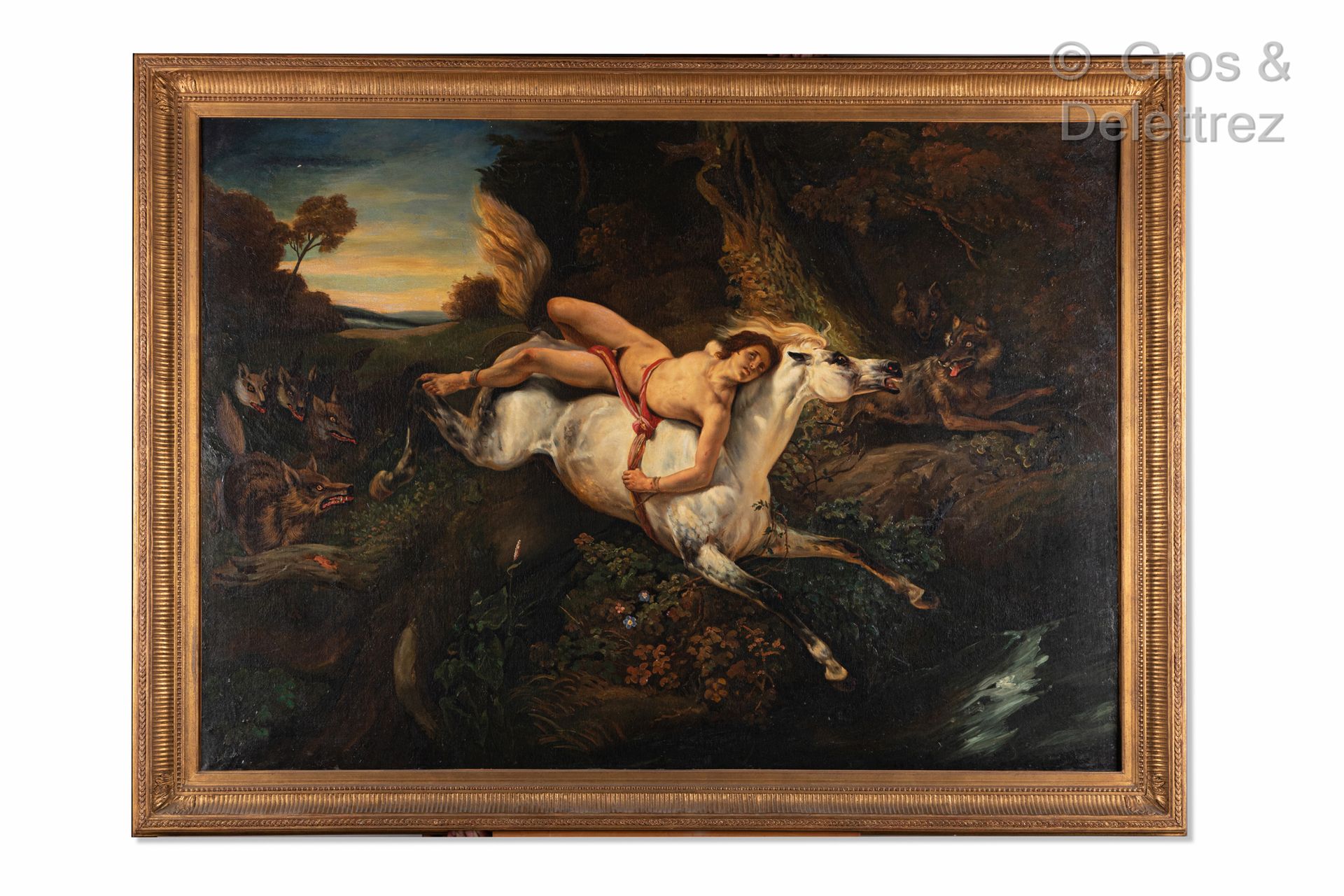 Null D’APRÈS HORACE VERNET Mazzeppa aux loups Huile sur toile. 99,5 x 139,5 cm. &hellip;