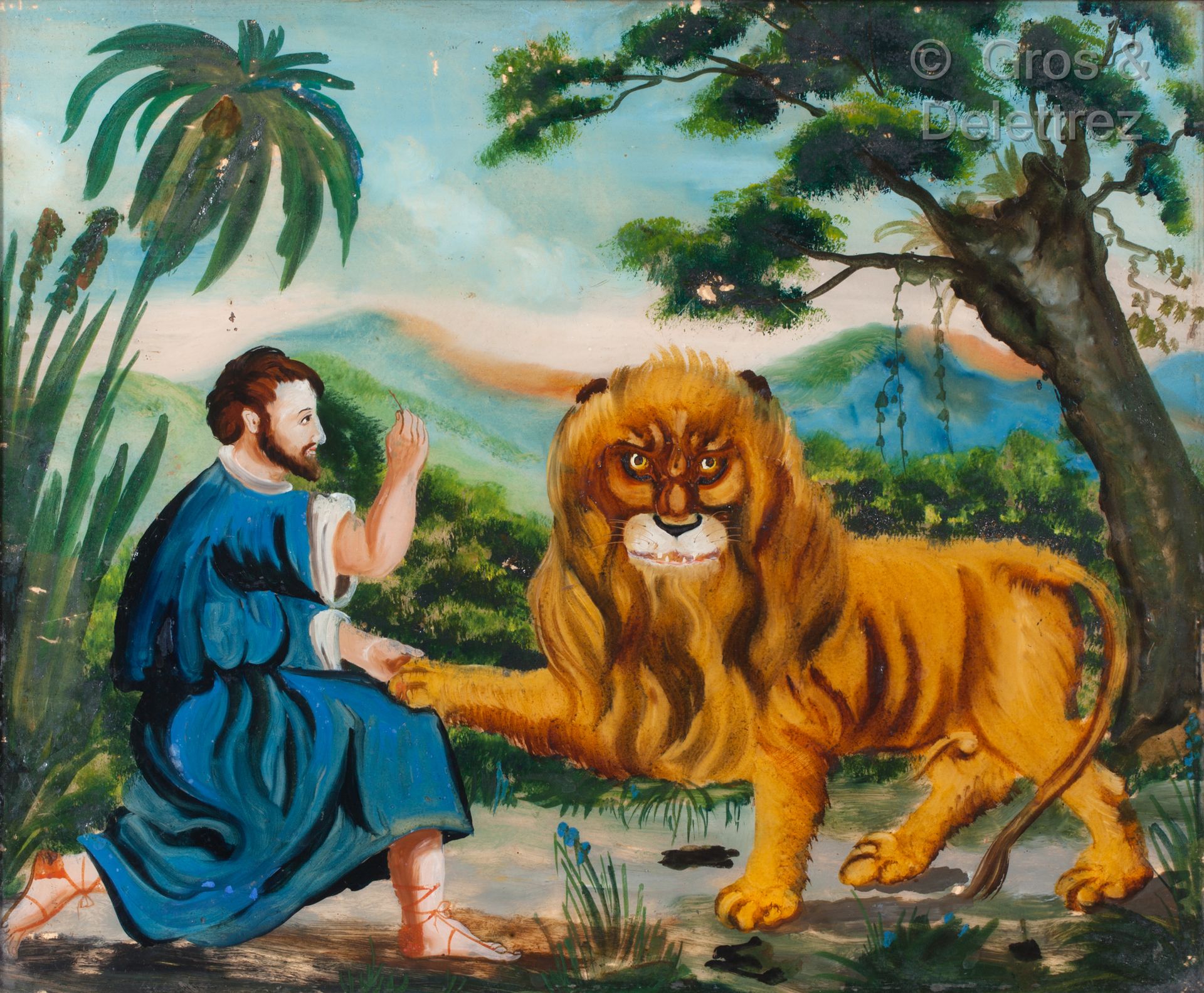 Null ECOLE NAIVE Saint Jérôme et le lion Peinture sous verre Alsace (?), XIXe 34&hellip;