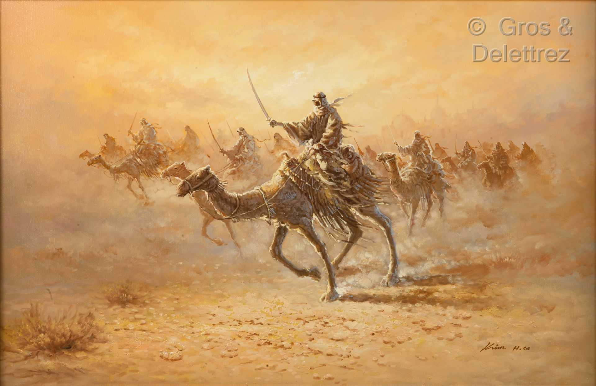 Null EASTERN SCHOOL Charge of camel riders Oil on canvas signed KRIM H. G. (?) l&hellip;