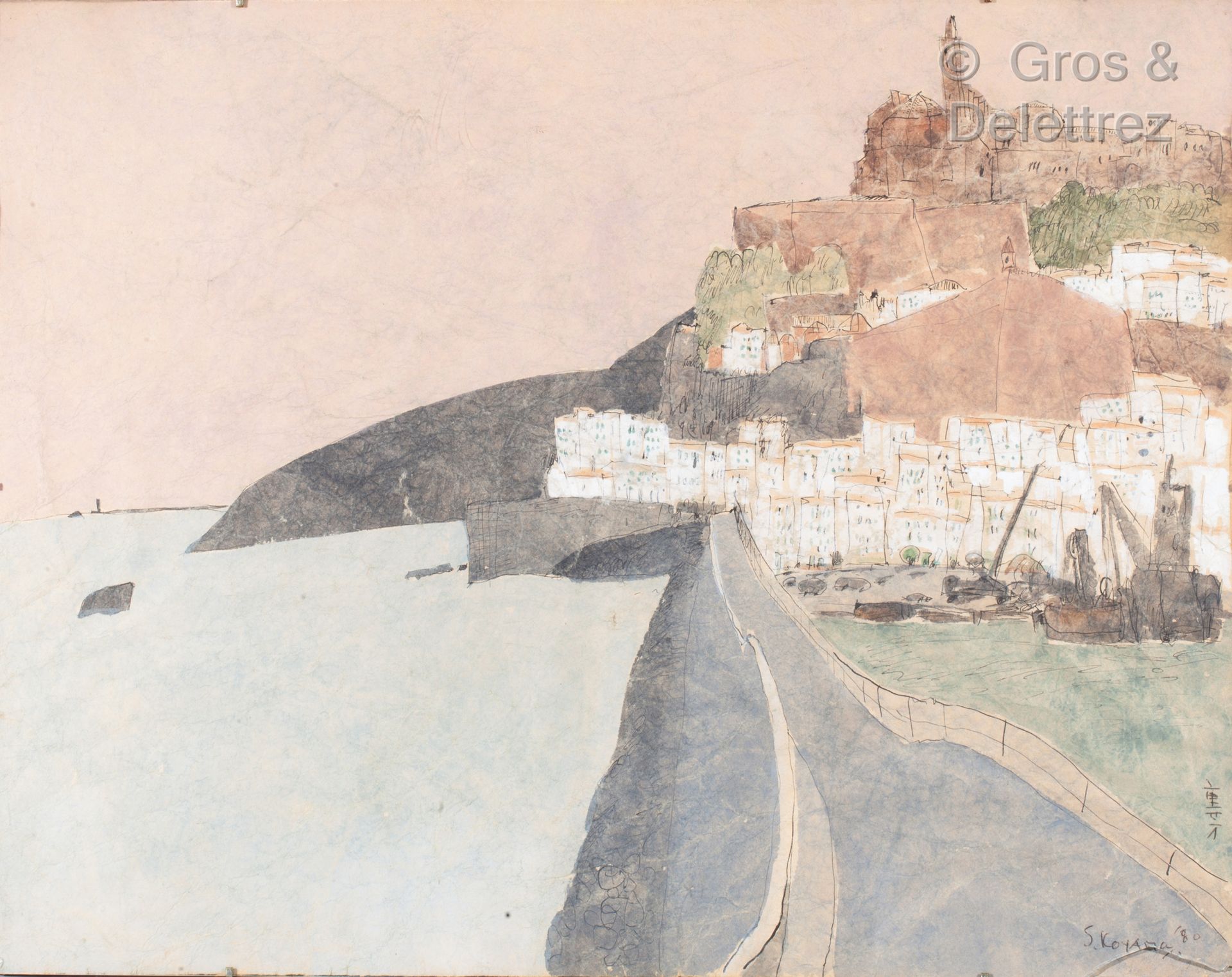 Null 小山茂吉（1940年出生） 海边的村庄 水彩画签名及年代（19）80右下35×45厘米。