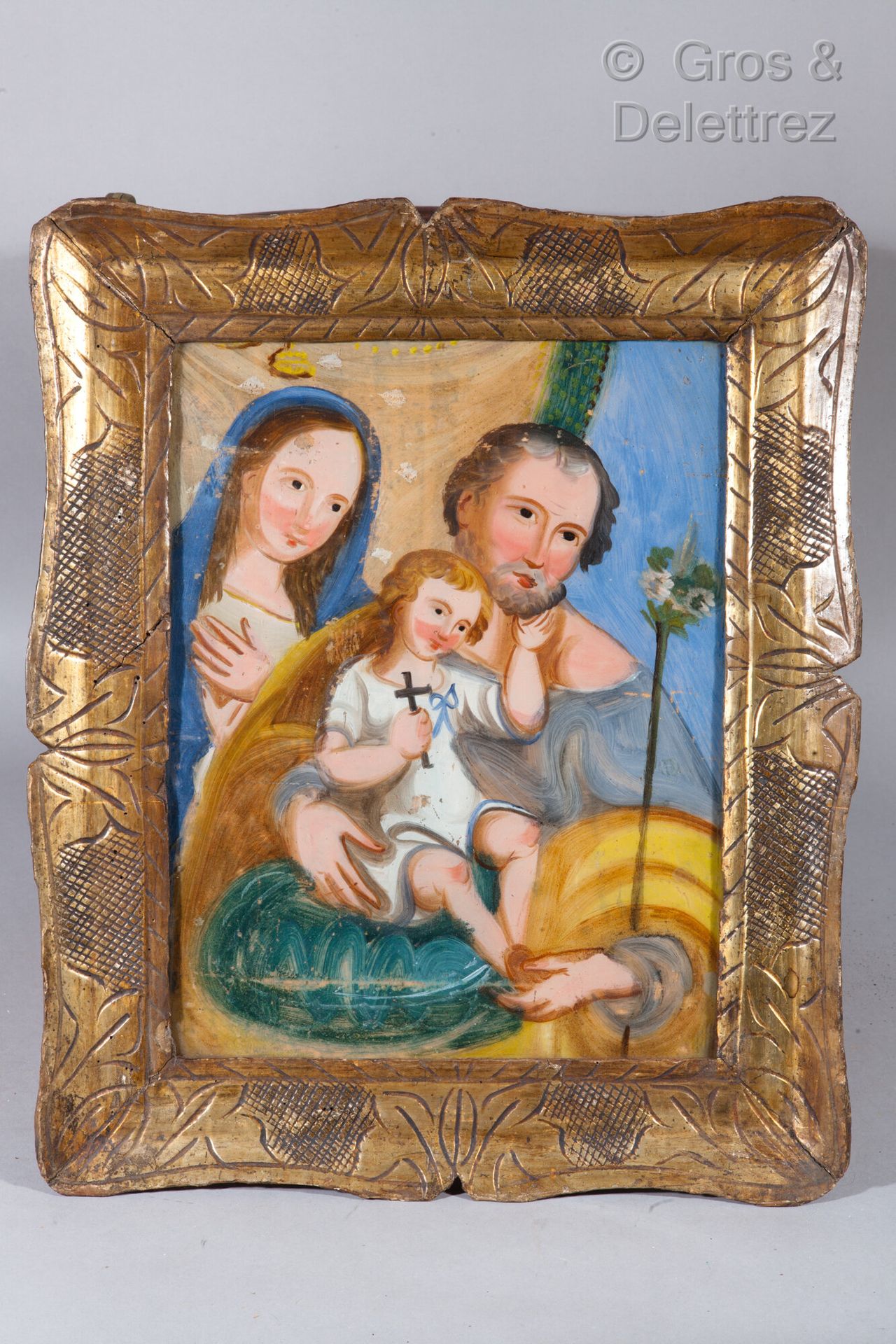 Null ECOLE NAIVE Sainte Famille Peinture sous verre Alsace (?), XIXe.