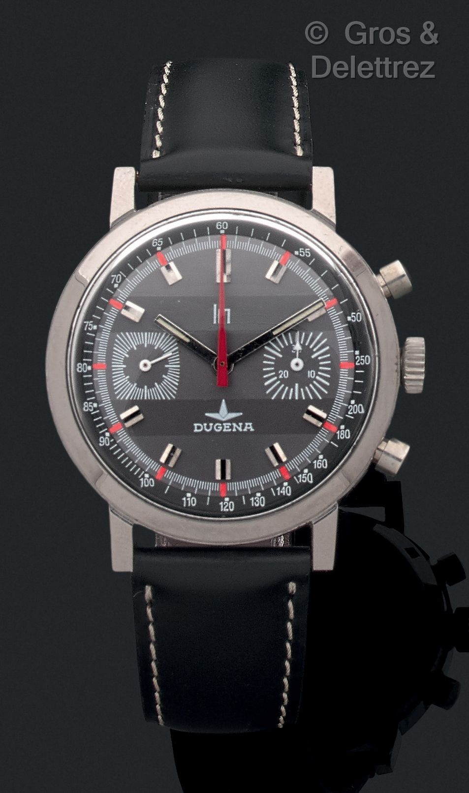 LIP pour DUGENA Circa 1970. 

Steel 2-counter chronograph. Grey dial, hands and &hellip;
