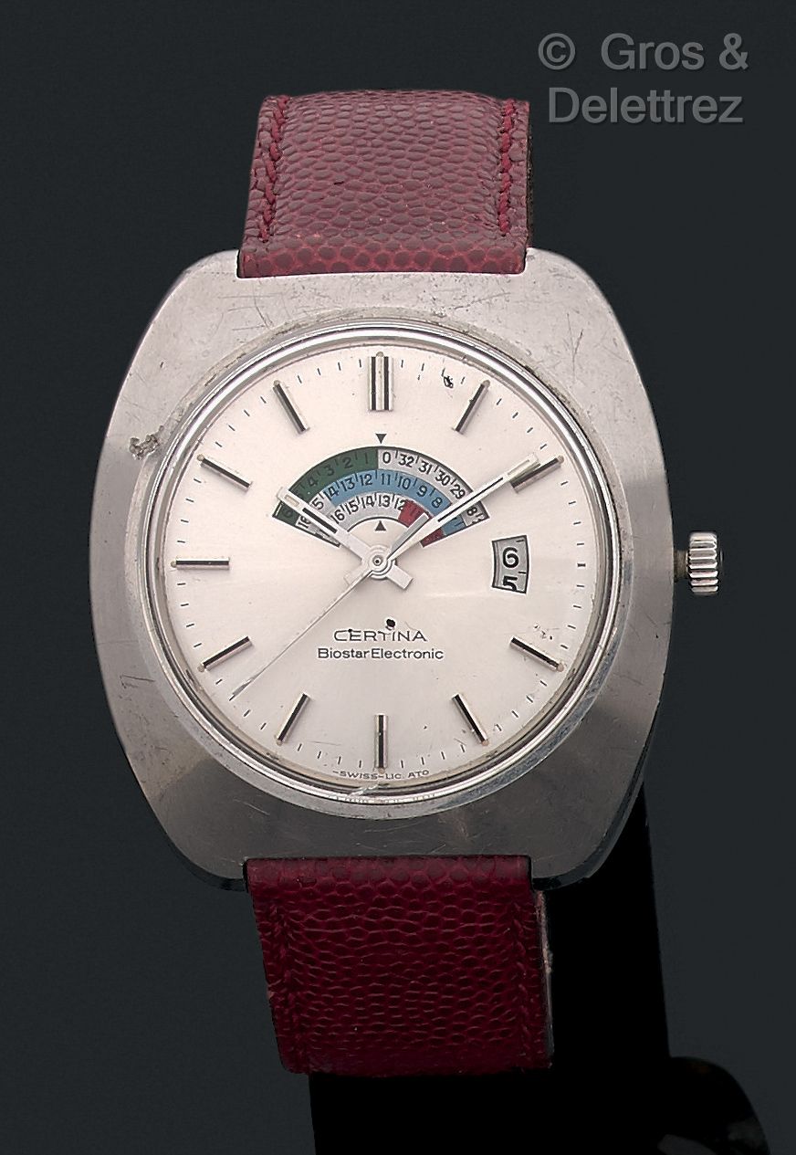 CERTINA Biostar电子公司。约1972年

罕见的机电钢男款腕表。银色的表盘，指数和指挥棒指针。2个窗口来解释其生物节律。基于ESA 9156的运动&hellip;