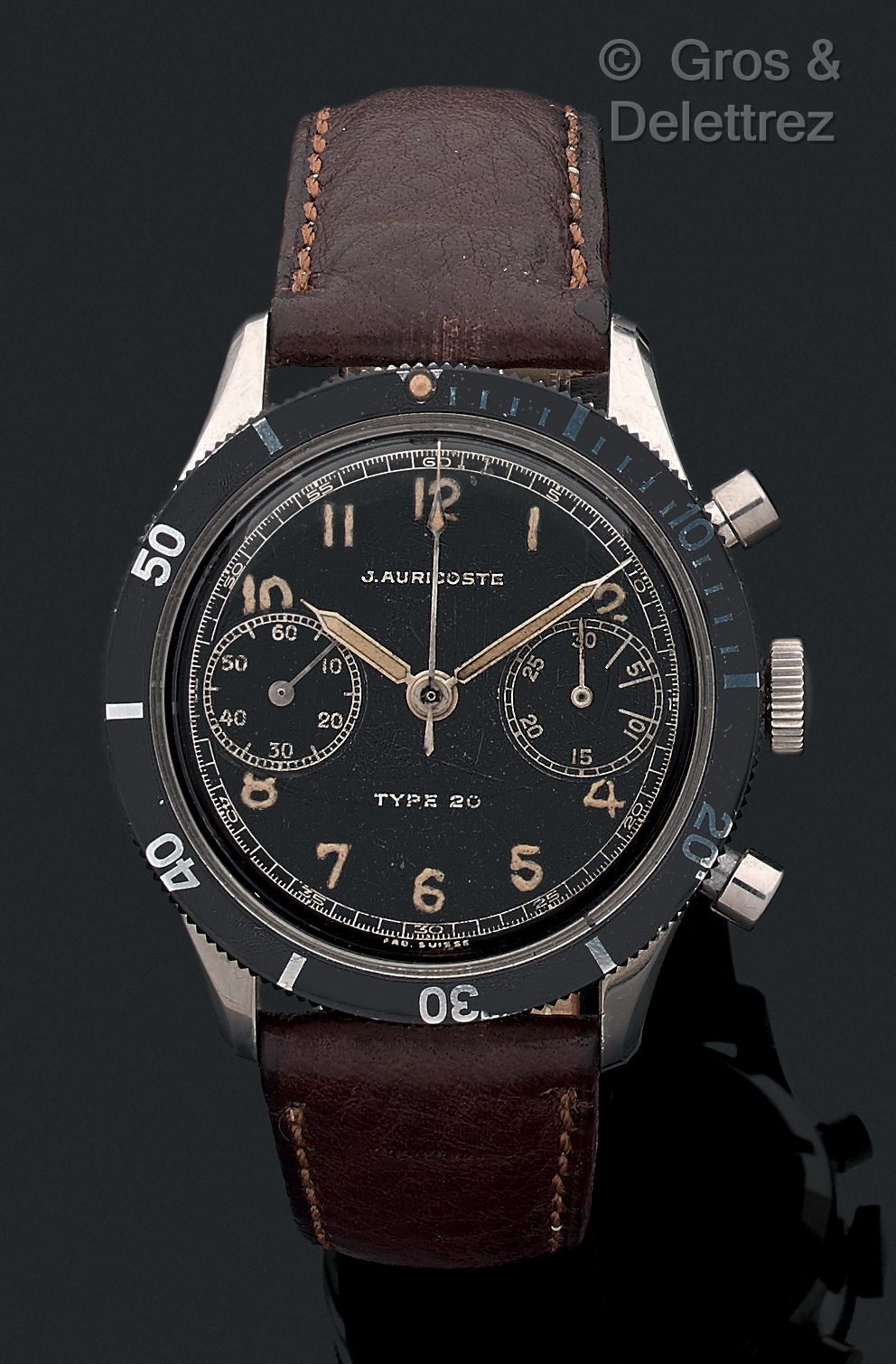 AURICOSTE Circa 1950. Flyback. 

Steel 2-counter chronograph. Original black dia&hellip;