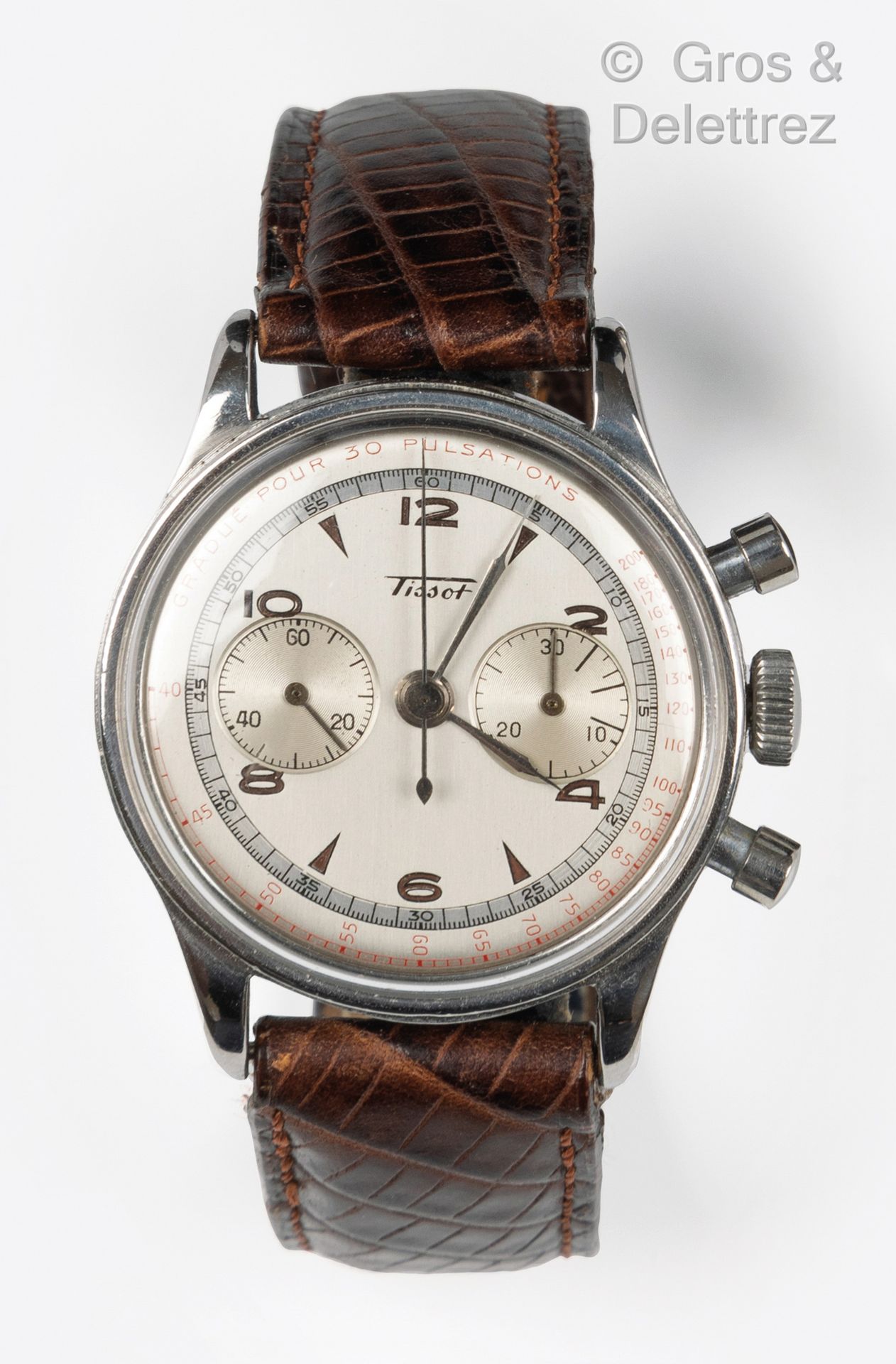TISSOT Pulsometer. Circa 1950. 

Steel chronograph with 3 counters for the use o&hellip;