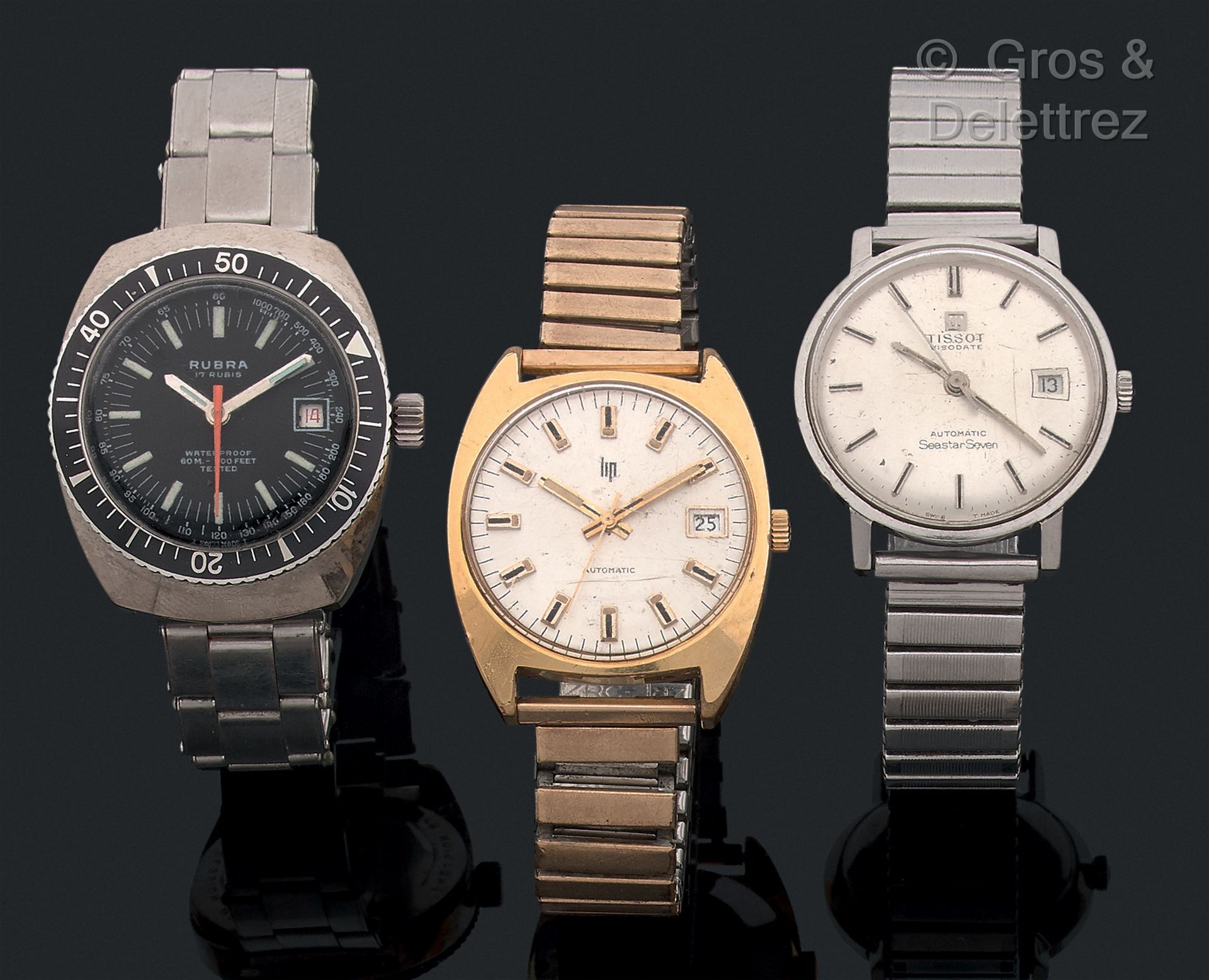 TISSOT LIP RUBRA 一批3只60年代的手表，其中一只是潜水表。

天梭表是自动的。欧米茄缺少上链器。按原样出售。
