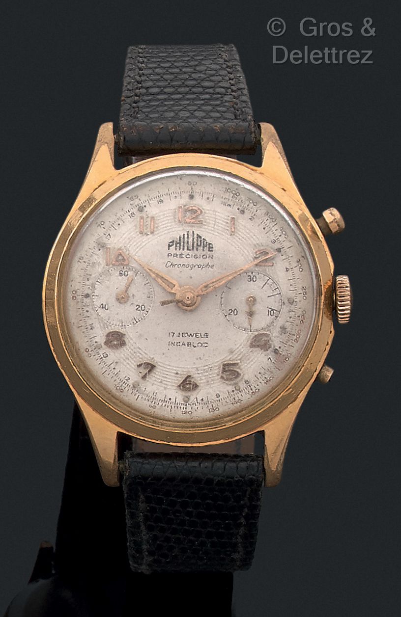 PHILIPPE Cronografo svizzero. Circa 1950 

Cronografo a 2 contatori placcato oro&hellip;