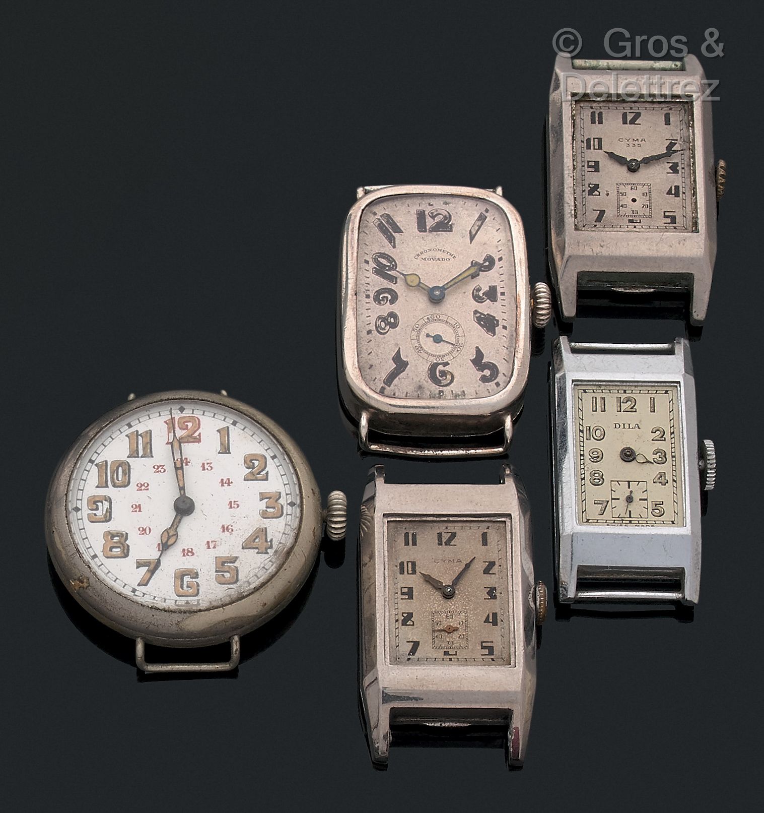 Null 拍品包括5块长方形手表和1块圆形手表，从20年代到40年代。 

- 2 手表 CYMA 335 矩形。不戴眼镜

- 1块银色MOVADO手表

-&hellip;